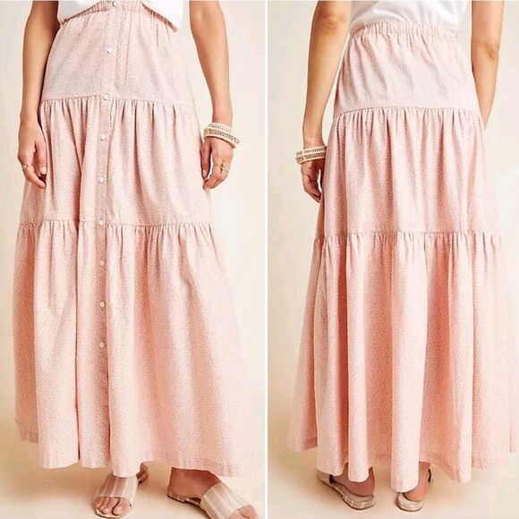 Anthropologie x Frye Elspeth Pink Floral Full Tiered Button Front Maxi Skirt XL - Picture 9 of 15